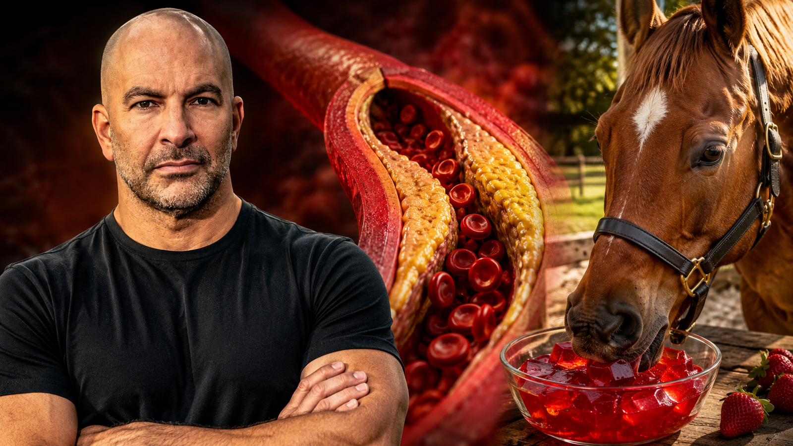 Photo of Dr. Attia, Clogged Artery, and Horse Eating Gelatin